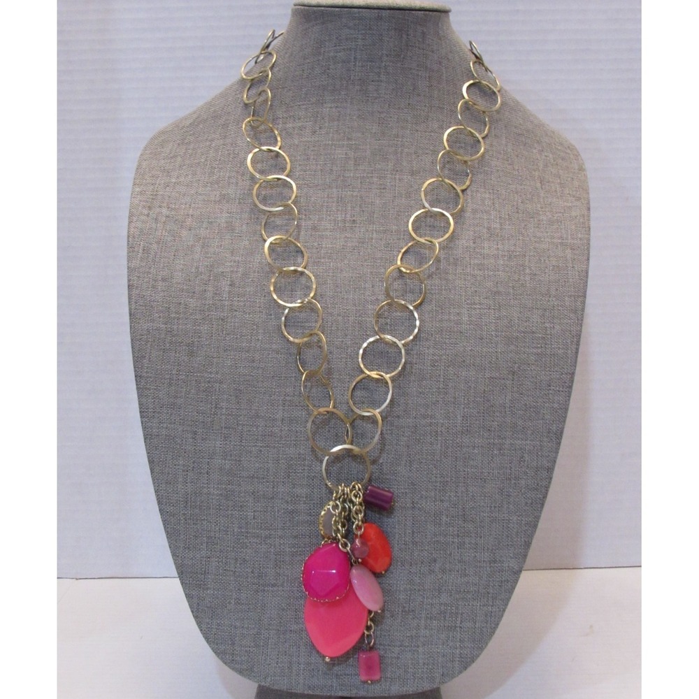 Gold Tone Open Link Statement Necklace Pink Coral Purple Cluster Charm‎